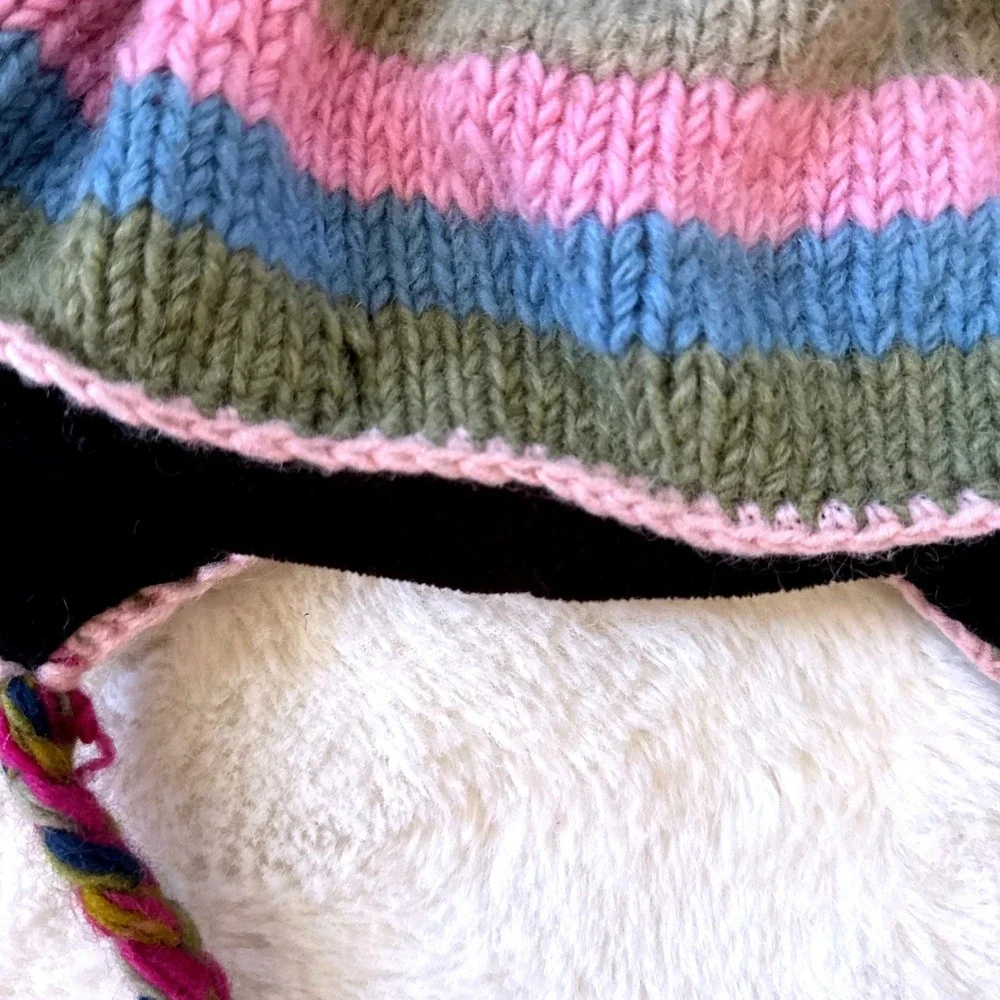 Striped Knit Earflap Beanie Nepal Multi Color Fleece Lined Braided Tassels Cozy